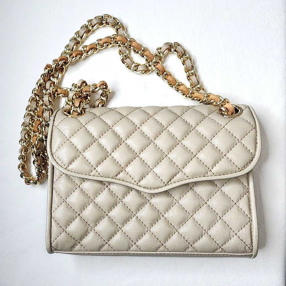 Rebecca Minkoff Beige Leather Mini Quilted Affair Crossbody Shoulder Bag Gold